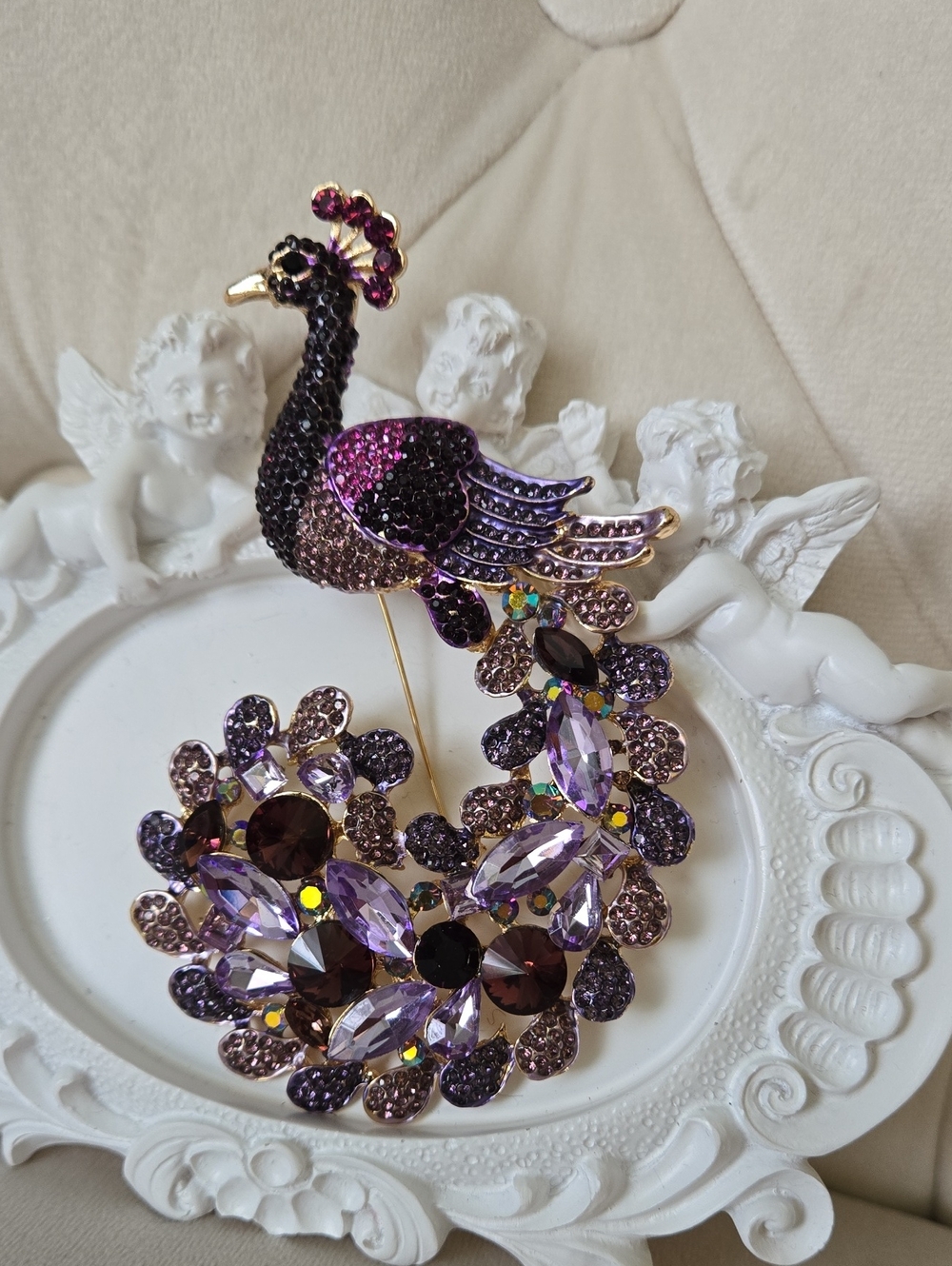 Stunning Statement Peacock Brooch in Purple & Black, NWT